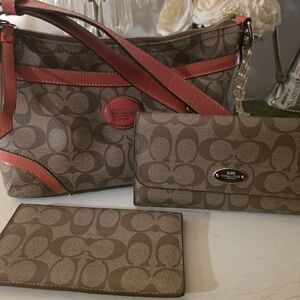 Coach Brown and Red Signature Women's Bag Set